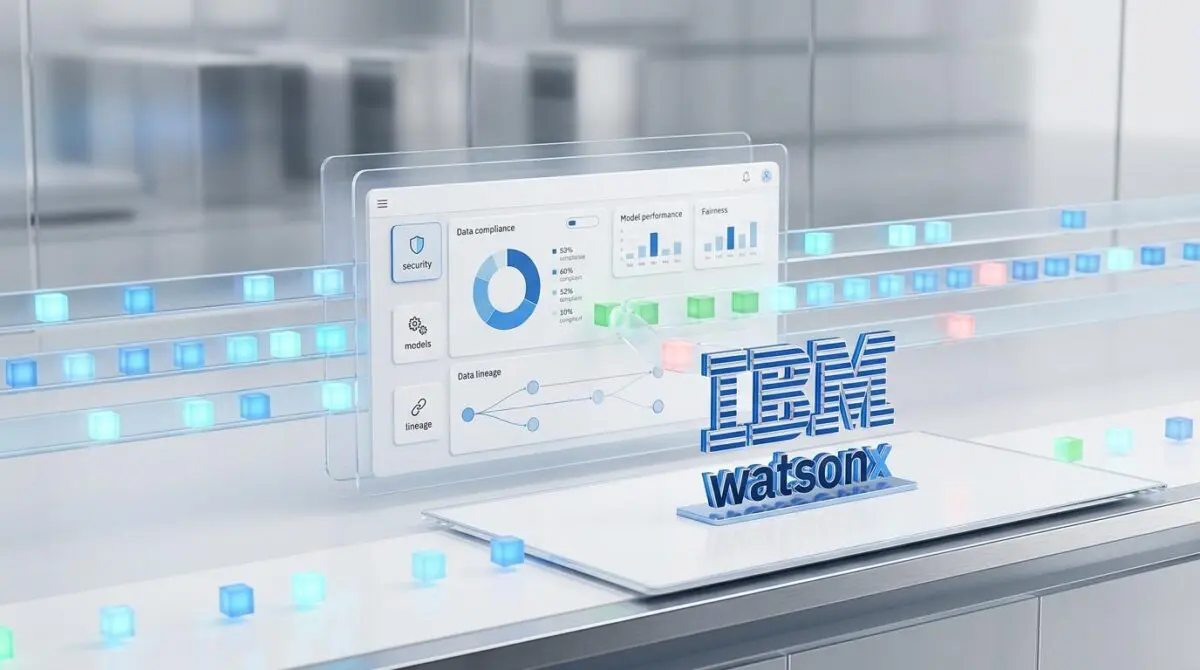 IBM watsonx AI Governance dashboard showing data compliance, lineage, and model performance.