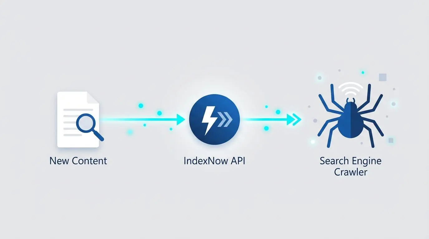 Illustration of IndexNow API facilitating immediate search engine crawler access to new content for FEMA API data SEO pages.
