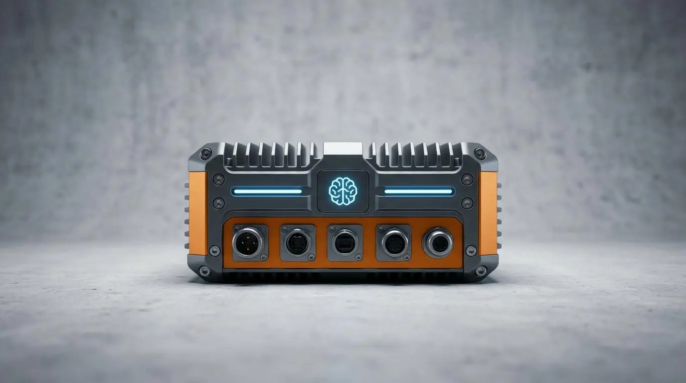 Ruggedized AI edge hardware processing sensor data for real-time industrial pump speed adjustments.