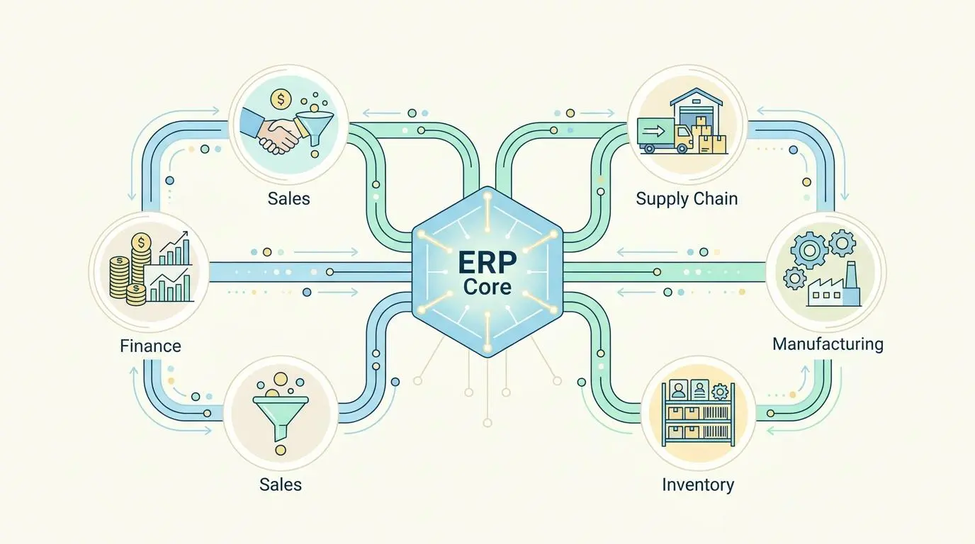 Integrated ERP software ecosystem diagram, showing connections for FSM tools.