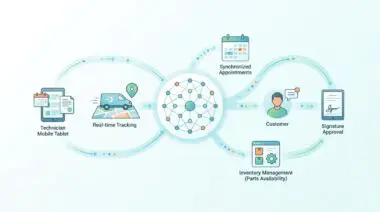 Diagram showing integrated FSM software features: technician tablet, real-time tracking, synchronized appointments, customer interaction, signature approval, and inventory.