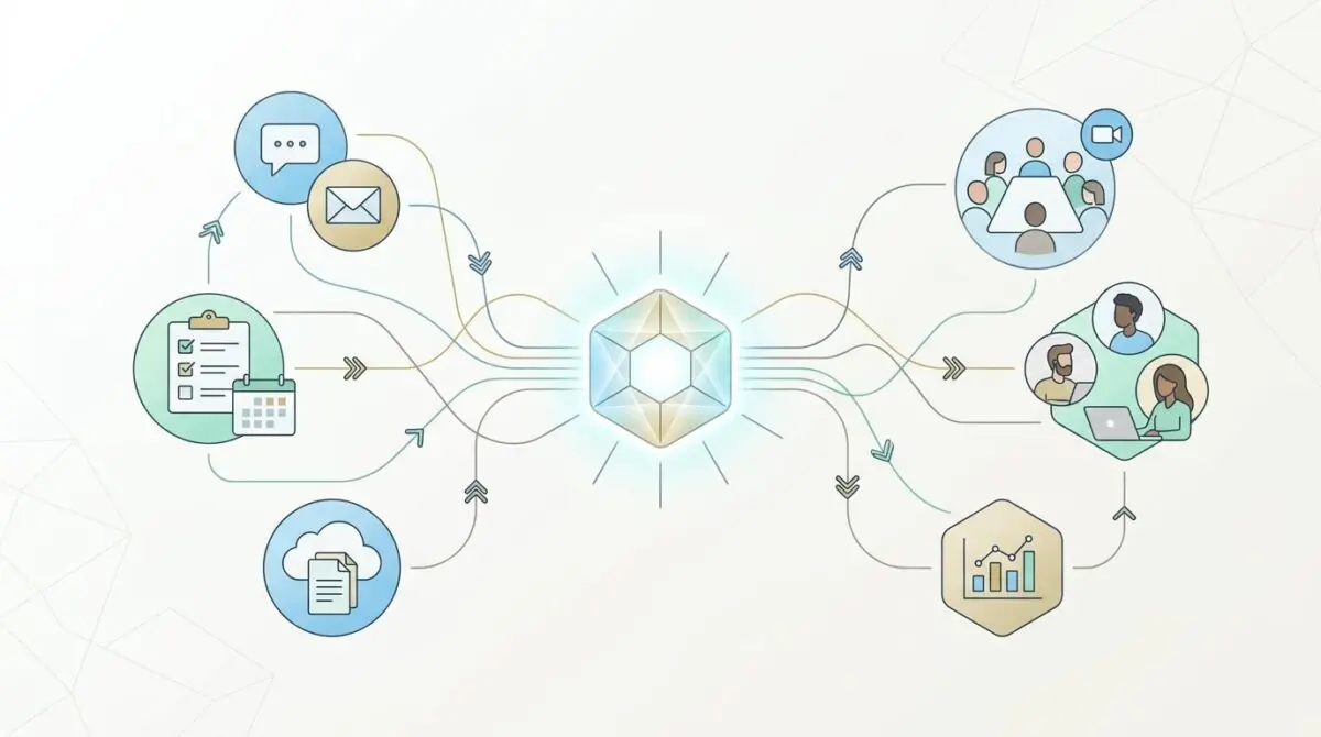 Diagram showing integrated SaaS tools for remote collaboration, including communication, project management, and analytics.