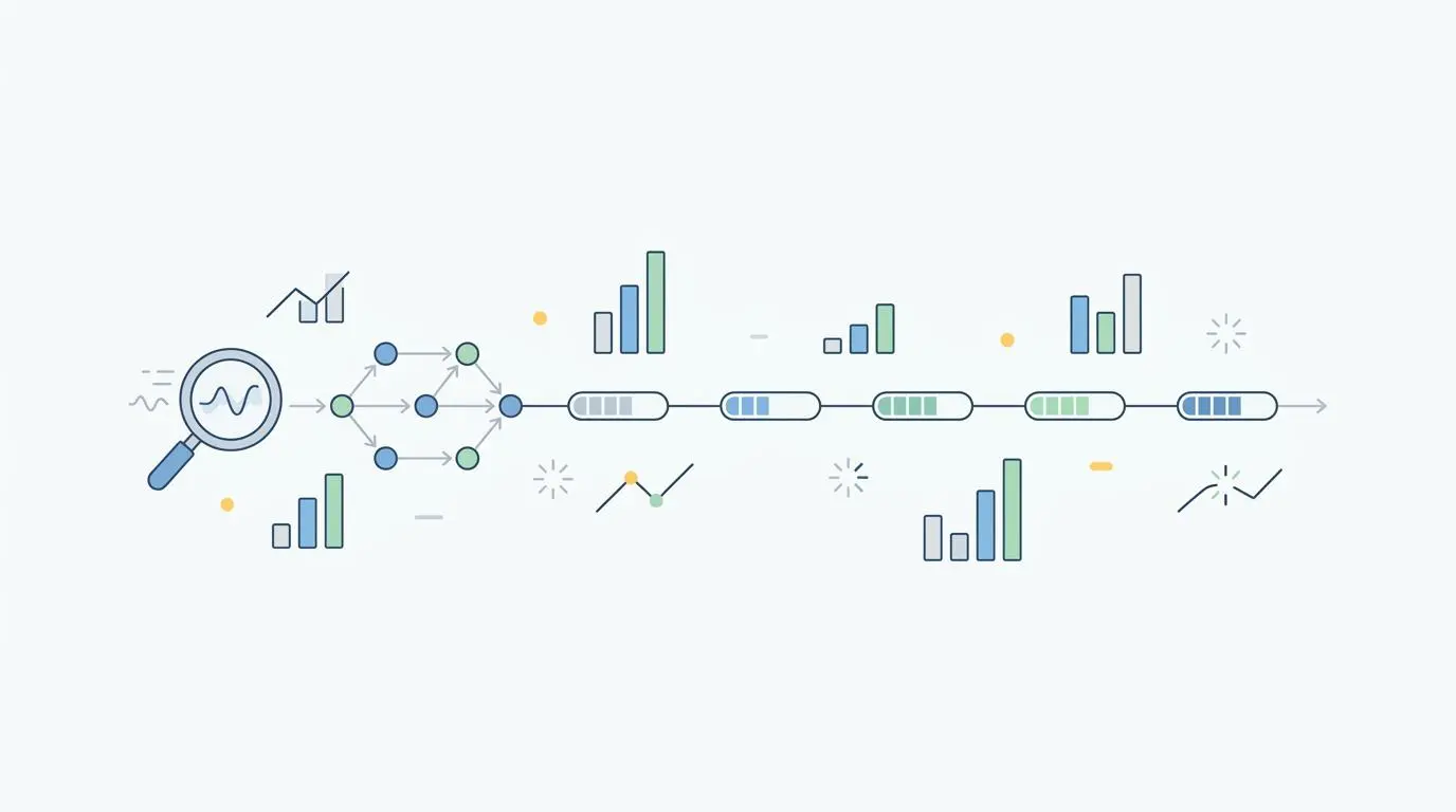 Automated internal link conversion crawl frequency metrics visualized with flowcharts and progress bars.
