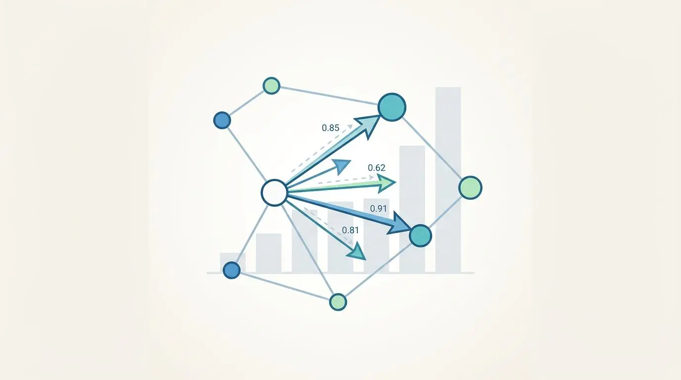 Vector diagram illustrating internal link relevance benchmark metrics for OpenAI semantic linking. By Andres SEO Expert.