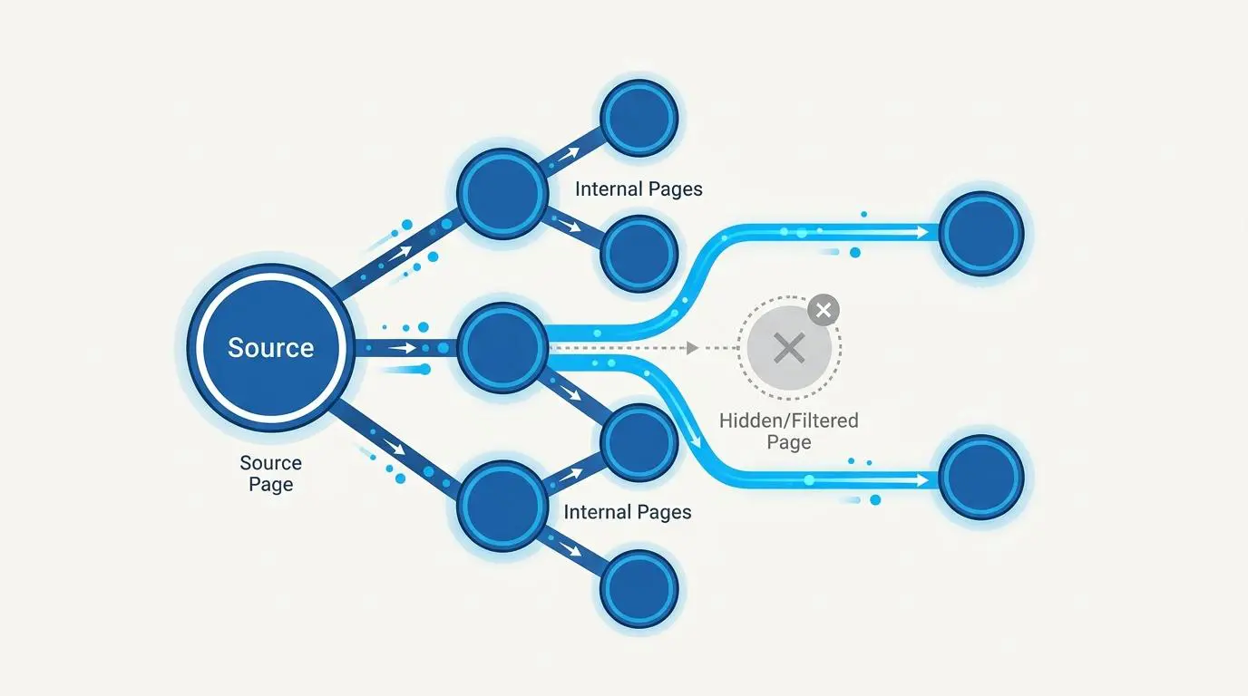 Visualizing dynamic internal link optimization: source page directing PageRank flow, with some pages hidden.