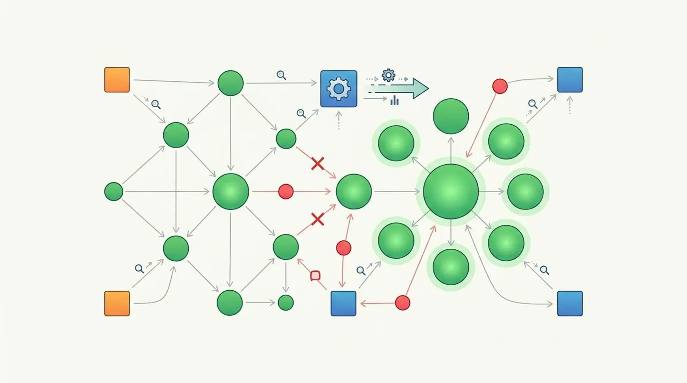 Internal PageRank sculpting via edge database queries, with network nodes and directional arrows.