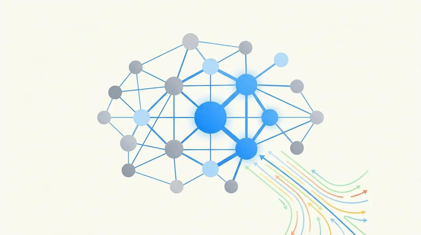Network nodes with incoming real-time signals, illustrating internal PageRank sculpting for crypto sites.