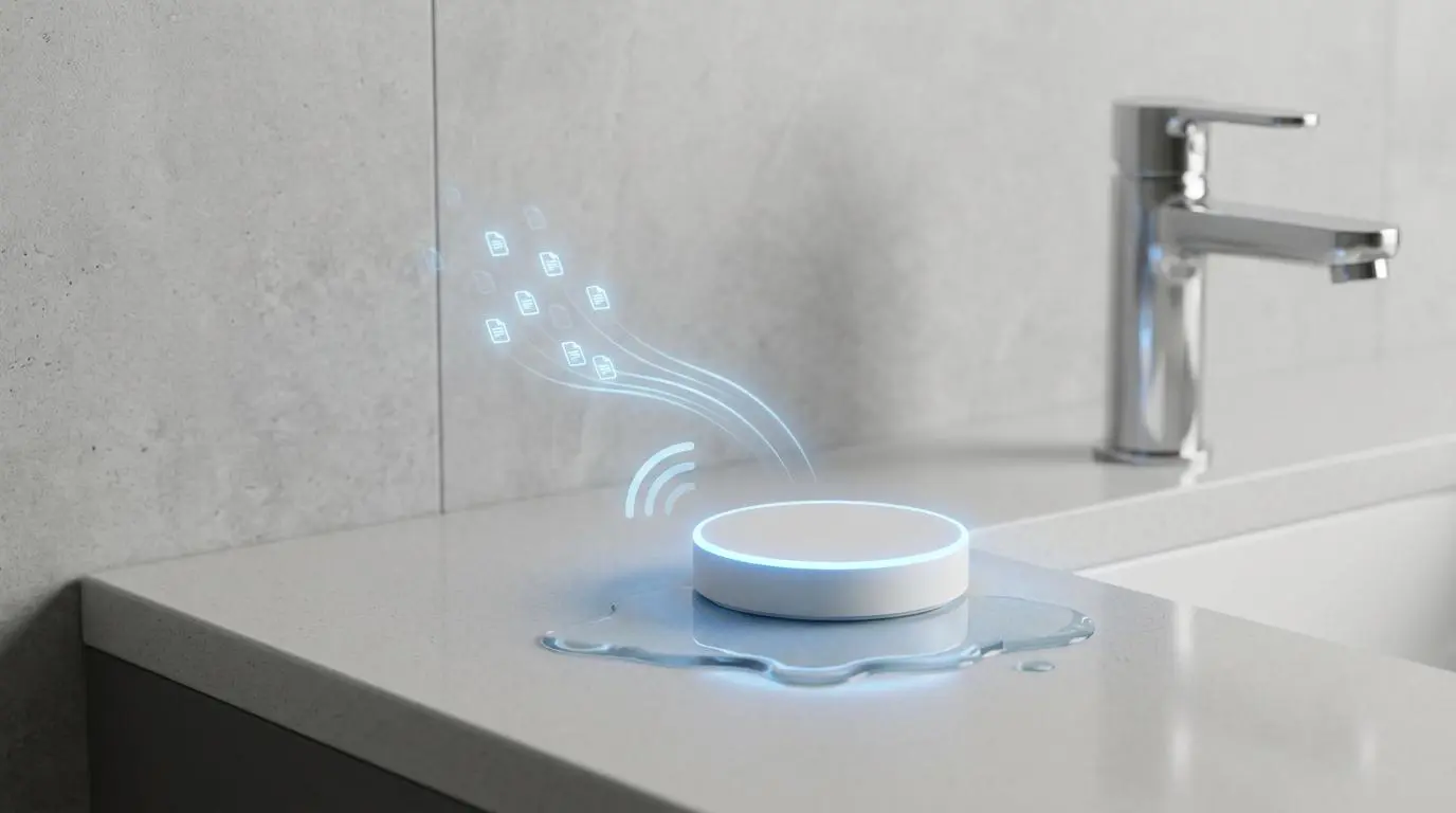 IoT leak sensor detecting water and sending alerts for automated EPA compliance monitoring.