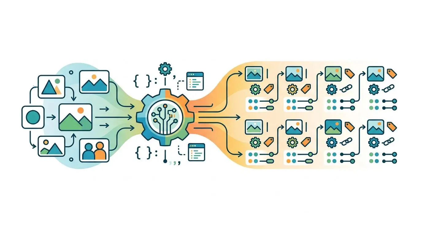 Automated infographic generation workflow: JSON data feeds into a gear mechanism, outputting structured image assets. By Andres SEO Expert.