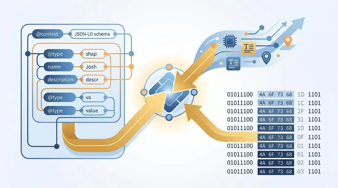 JSON LD schema structure aligning with binary metadata for automated author bio injection.