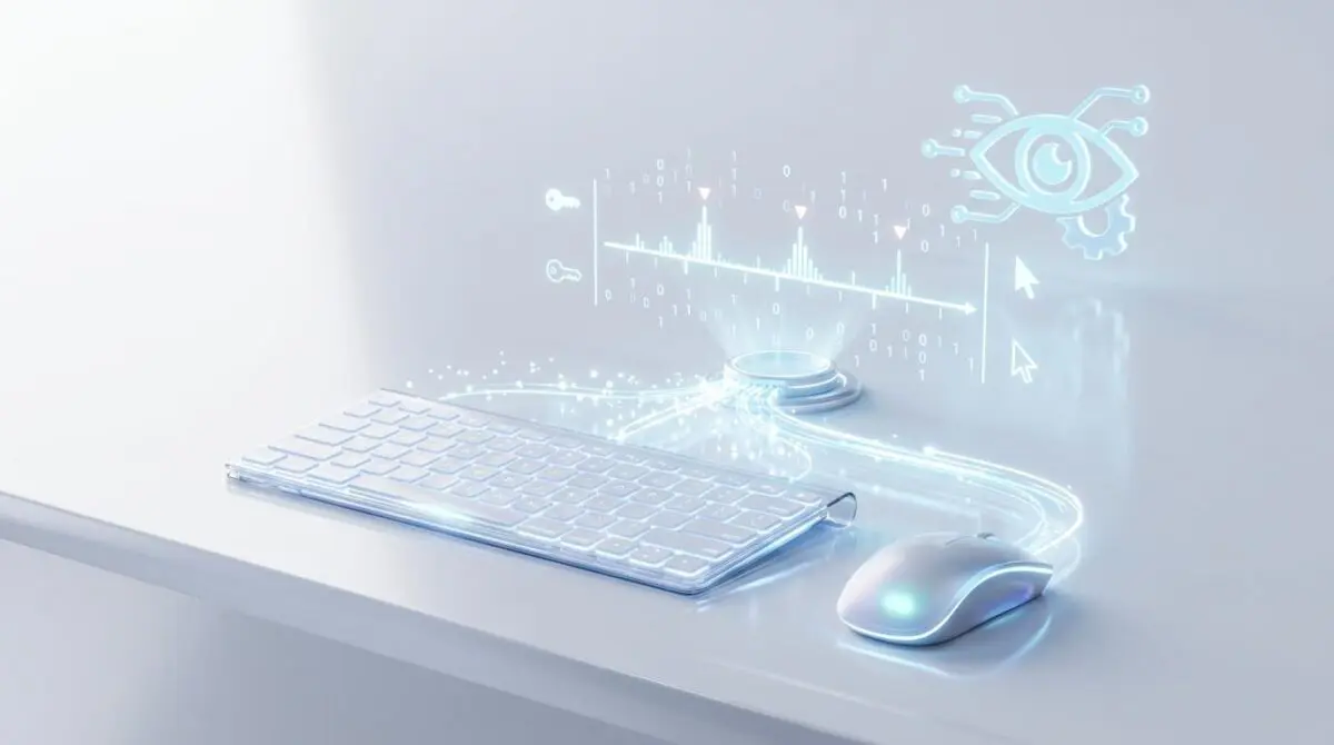 Automated real-time keyboard and mouse monitoring visualized with digital eye and data streams.