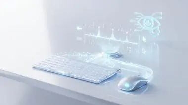 Automated real-time keyboard and mouse monitoring visualized with digital eye and data streams.