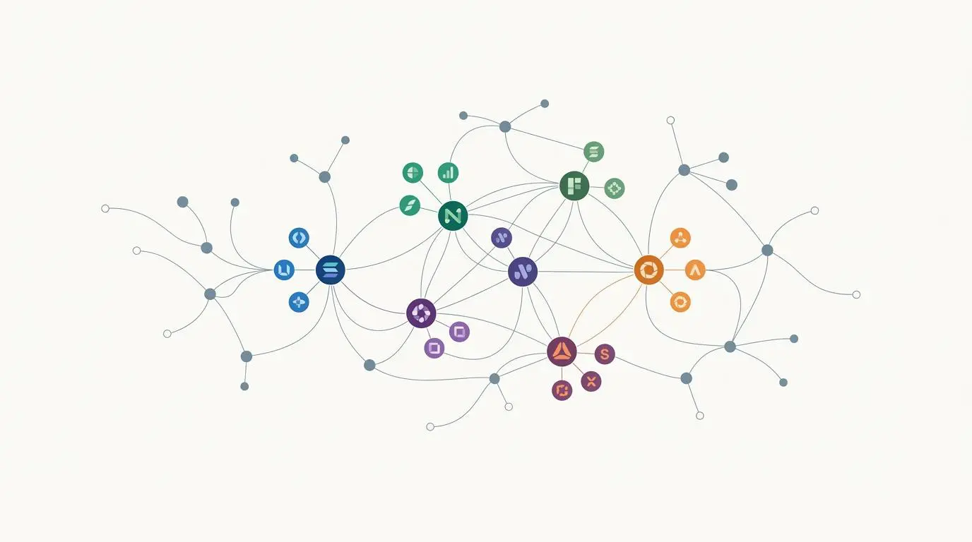 Brand identity nodes connected in a knowledge graph, illustrating semantic context in GEO.