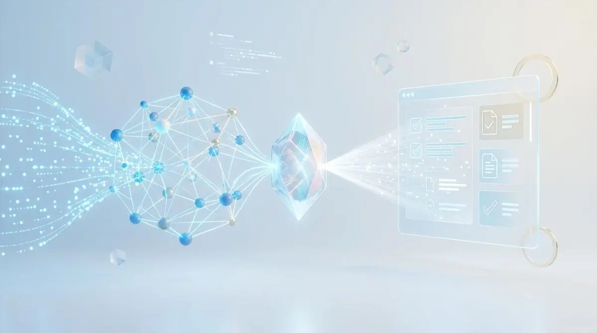 Abstract network transforming data through a crystal into structured RAG outputs.