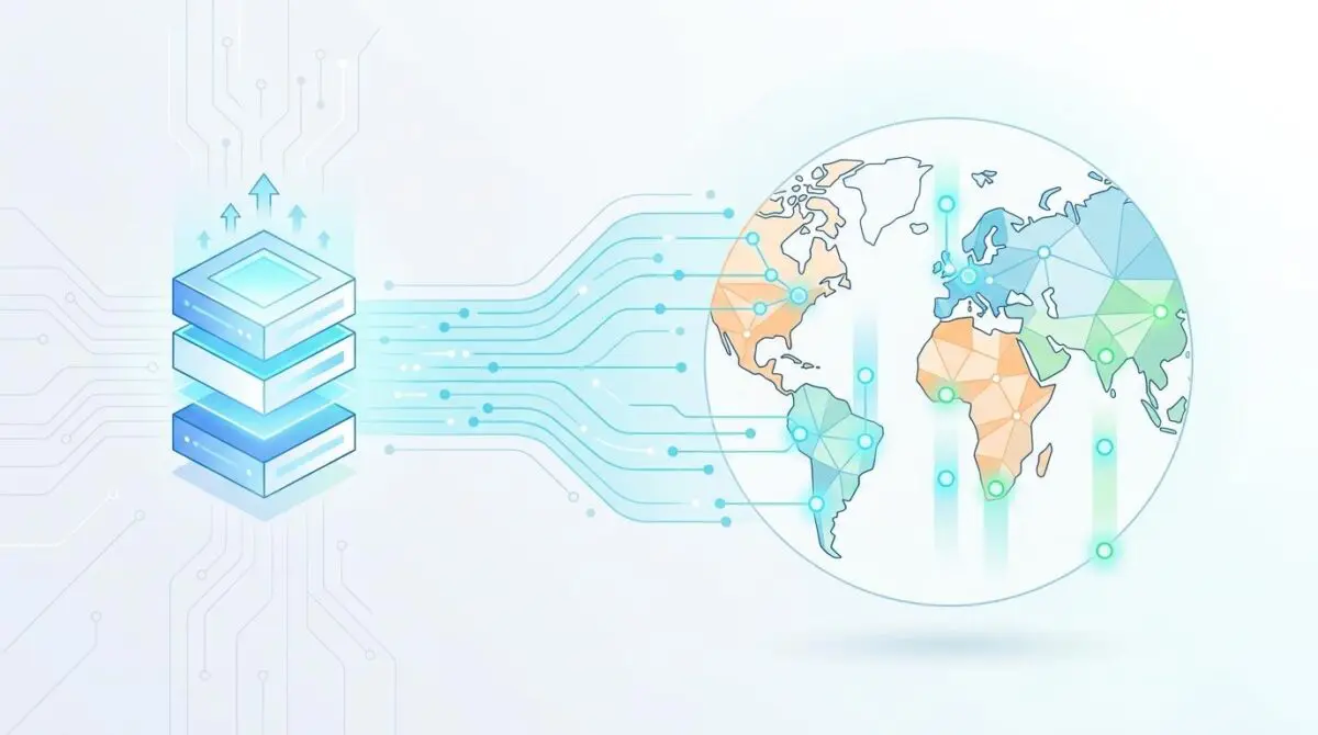 Server stacks sending data streams globally, illustrating how LLM model updates affect GEO rankings.
