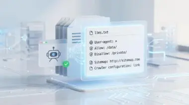 Digital visualization of an llms.txt file for AI crawler configuration.