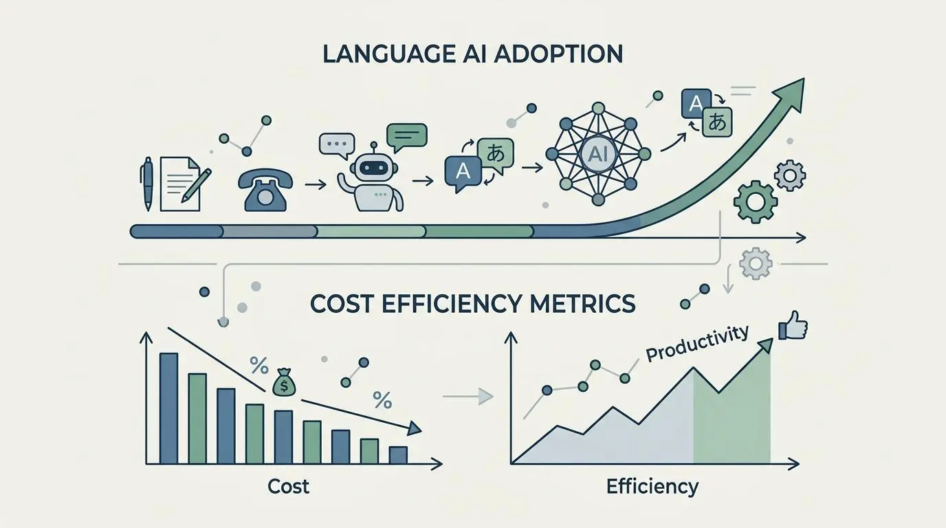 Language AI adoption and cost efficiency metrics showing decreasing costs and increasing productivity.