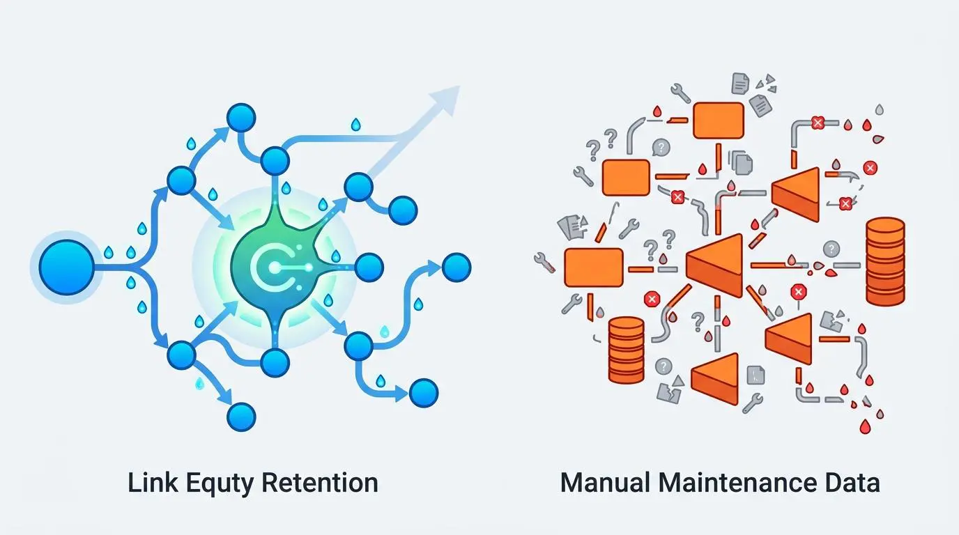Link Equity Retention diagram vs. complex Manual Maintenance Data visualization