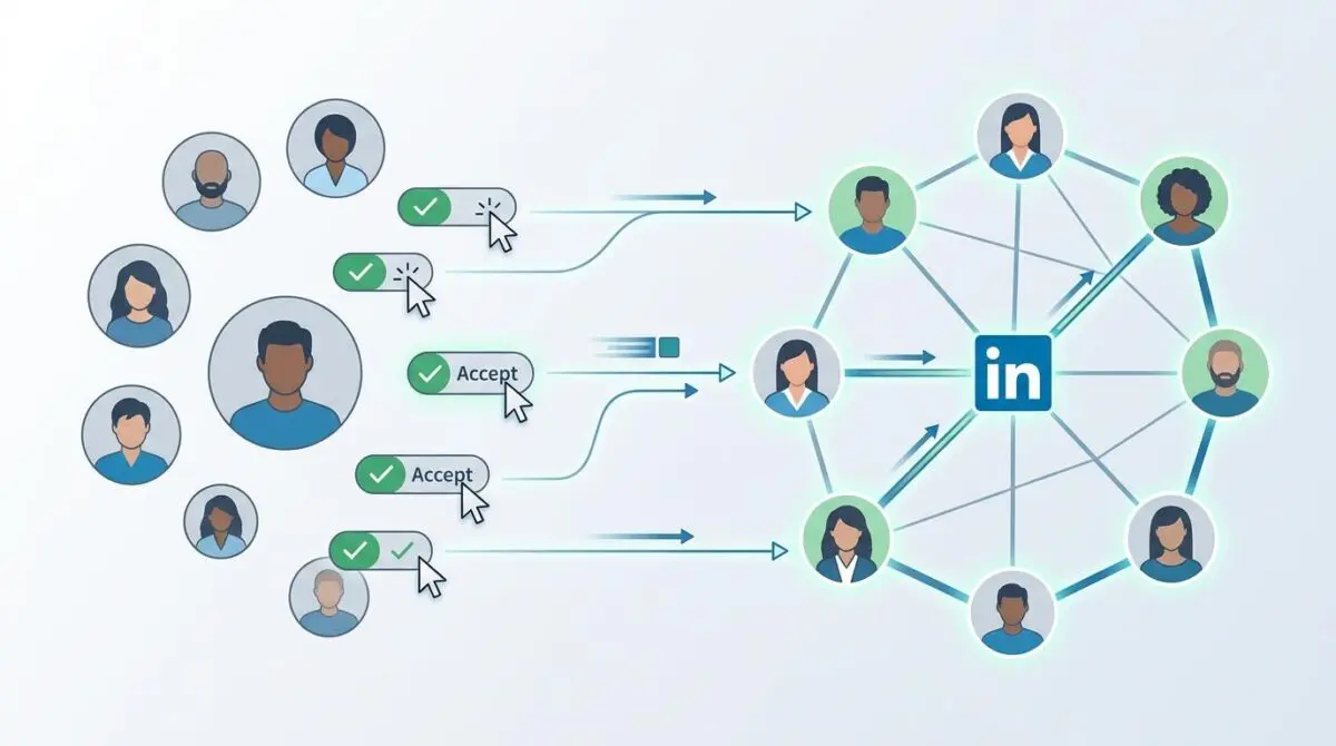 Real-time synchronization of LinkedIn connection acceptances flowing into a network.
