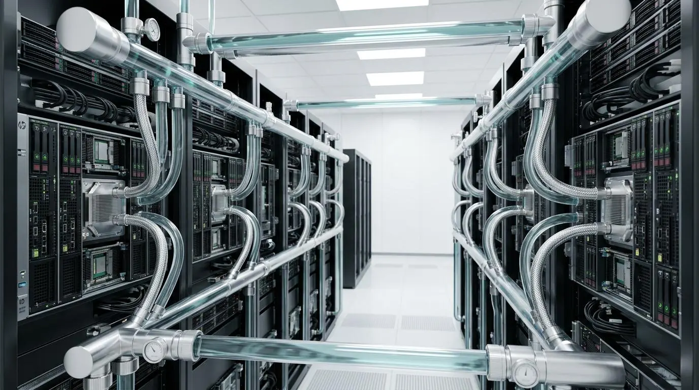 Liquid cooling pipes connect high-performance computing servers within the OpenAI corporate ecosystem.