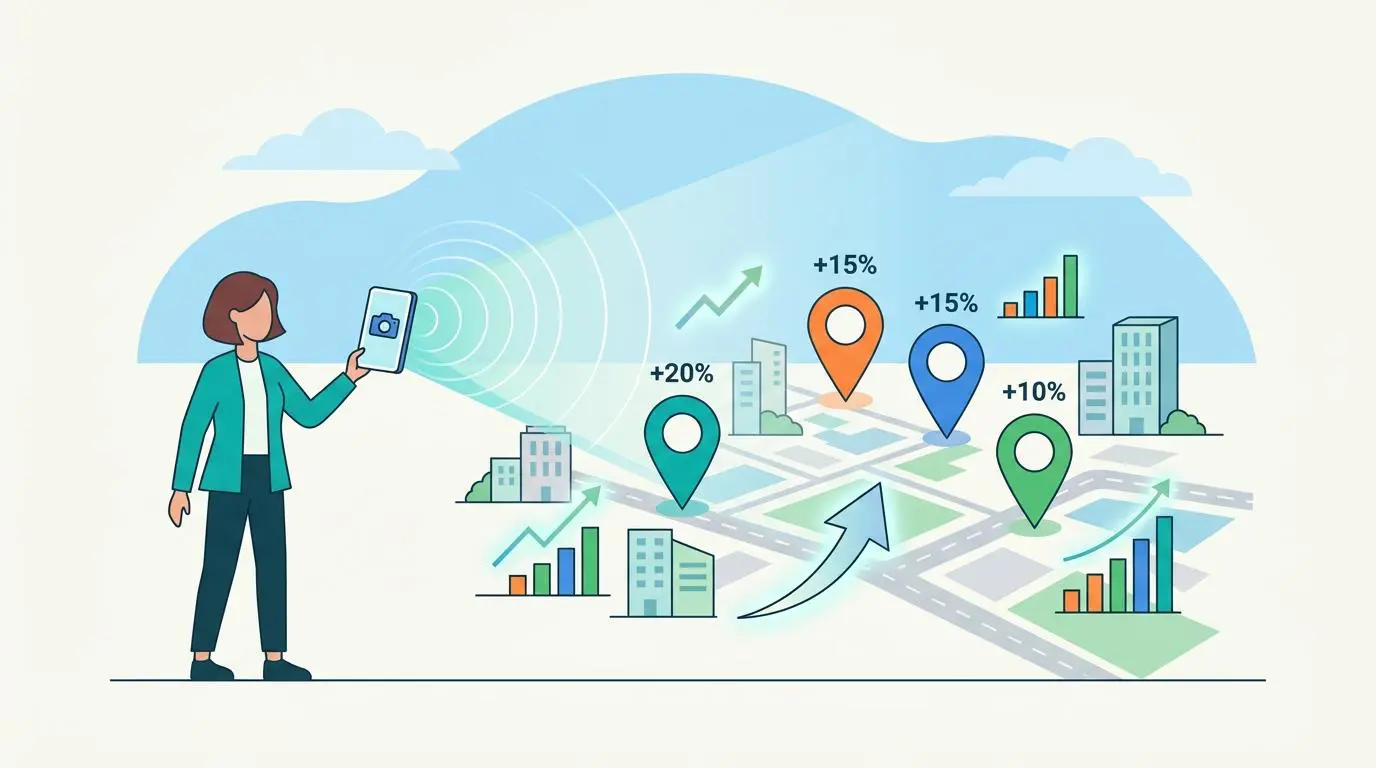 Person using phone with camera icon, analyzing localized visual search performance metrics.
