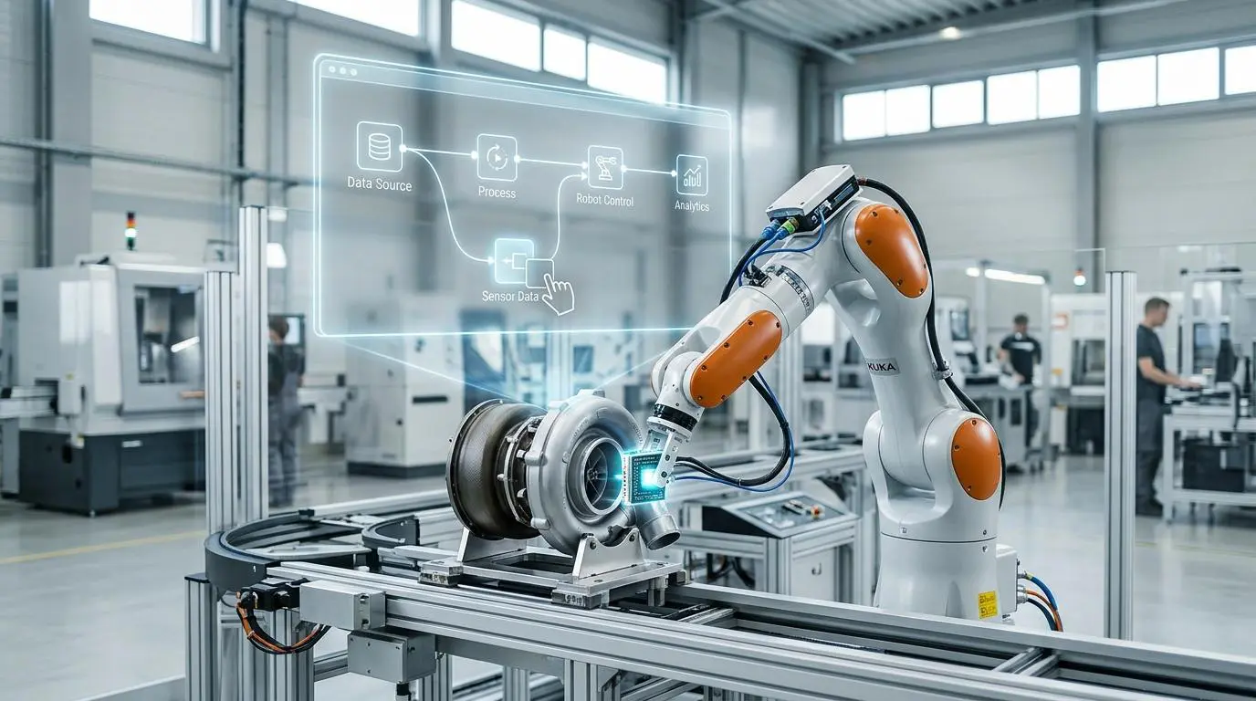 Industrial robot arm integrating low code for augmented reality troubleshooting guides based on machine error codes.