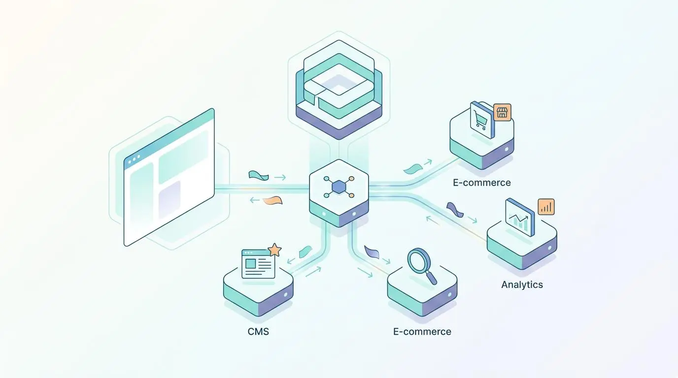MACH Alliance microservices and API integration diagram illustrating CMS, E-commerce, and Analytics connecting to a central hub, for understanding CMS differences.