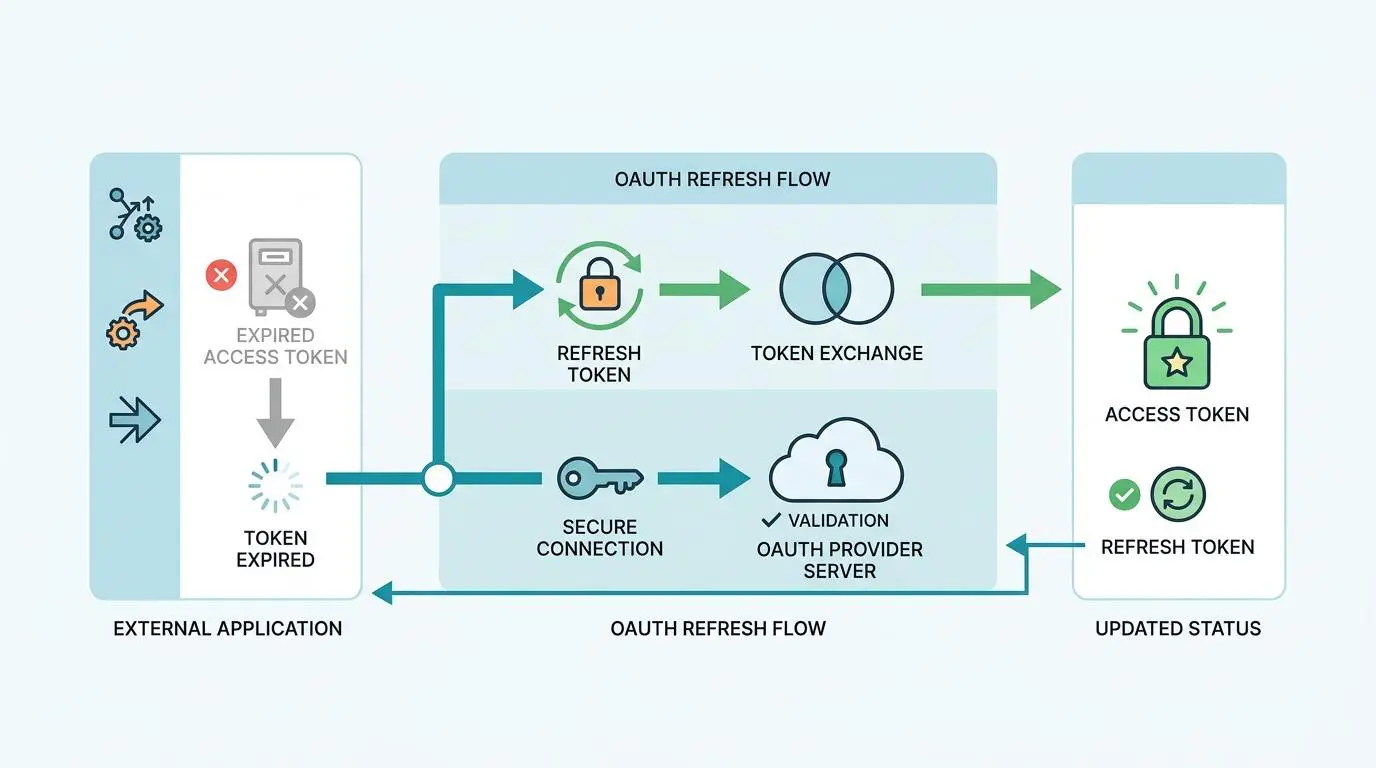 Make.com OAuth refresh flow diagram: expired access token leads to refresh token and token exchange for a new access token.