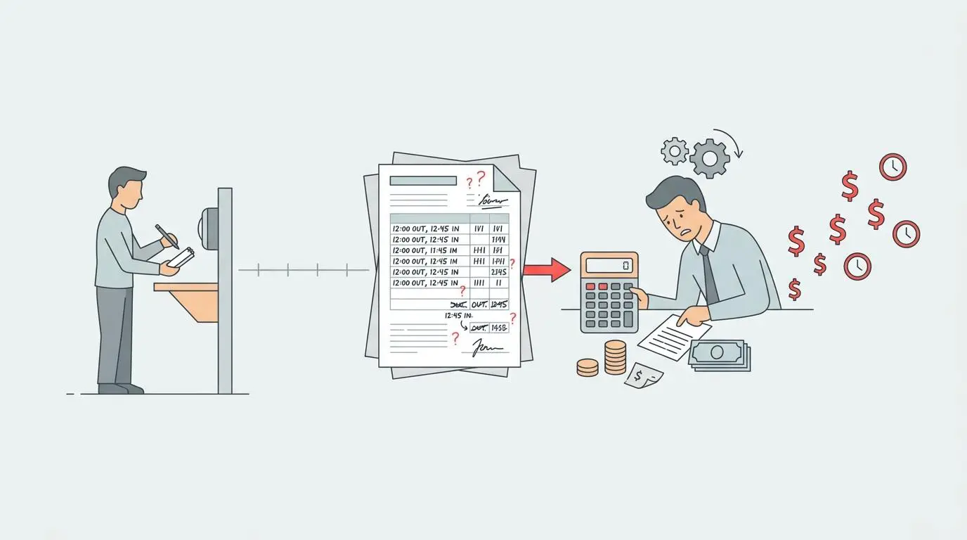 Man calculating costs associated with manual break tracking, illustrating administrative burden.