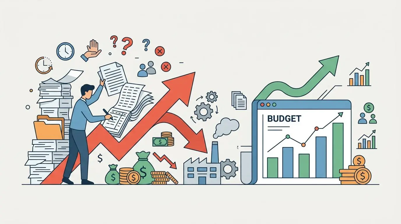 Illustrating operational budget impact with stacks of documents and question marks, contrasting with automated reporting.