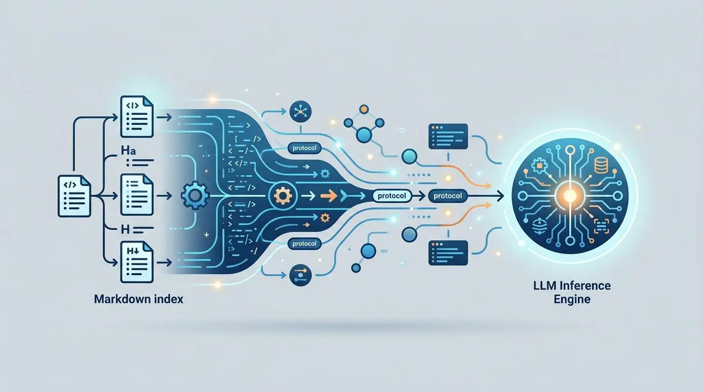 Markdown index protocol flow to LLM Inference Engine for AI crawler data.