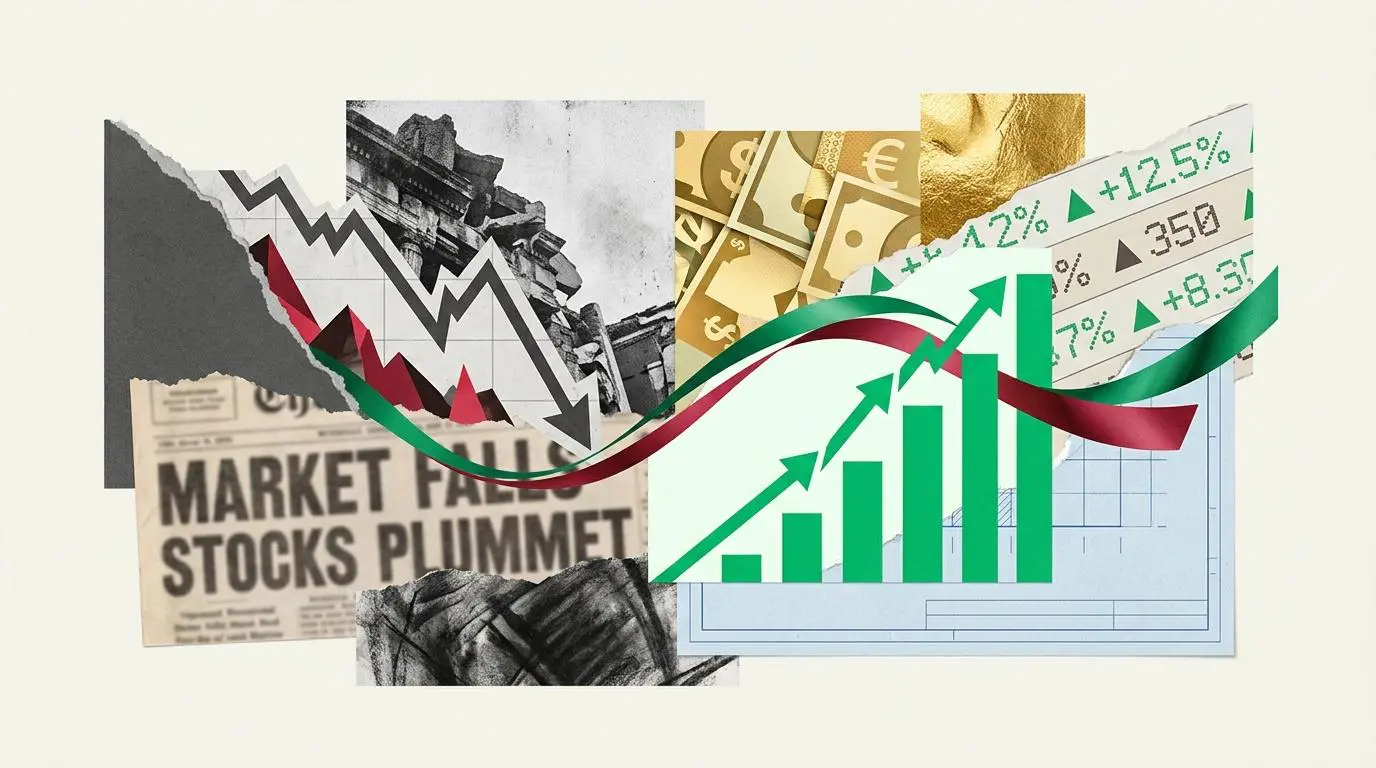 Collage showing stock market crash and growth charts, representing business book insights for the world's richest.