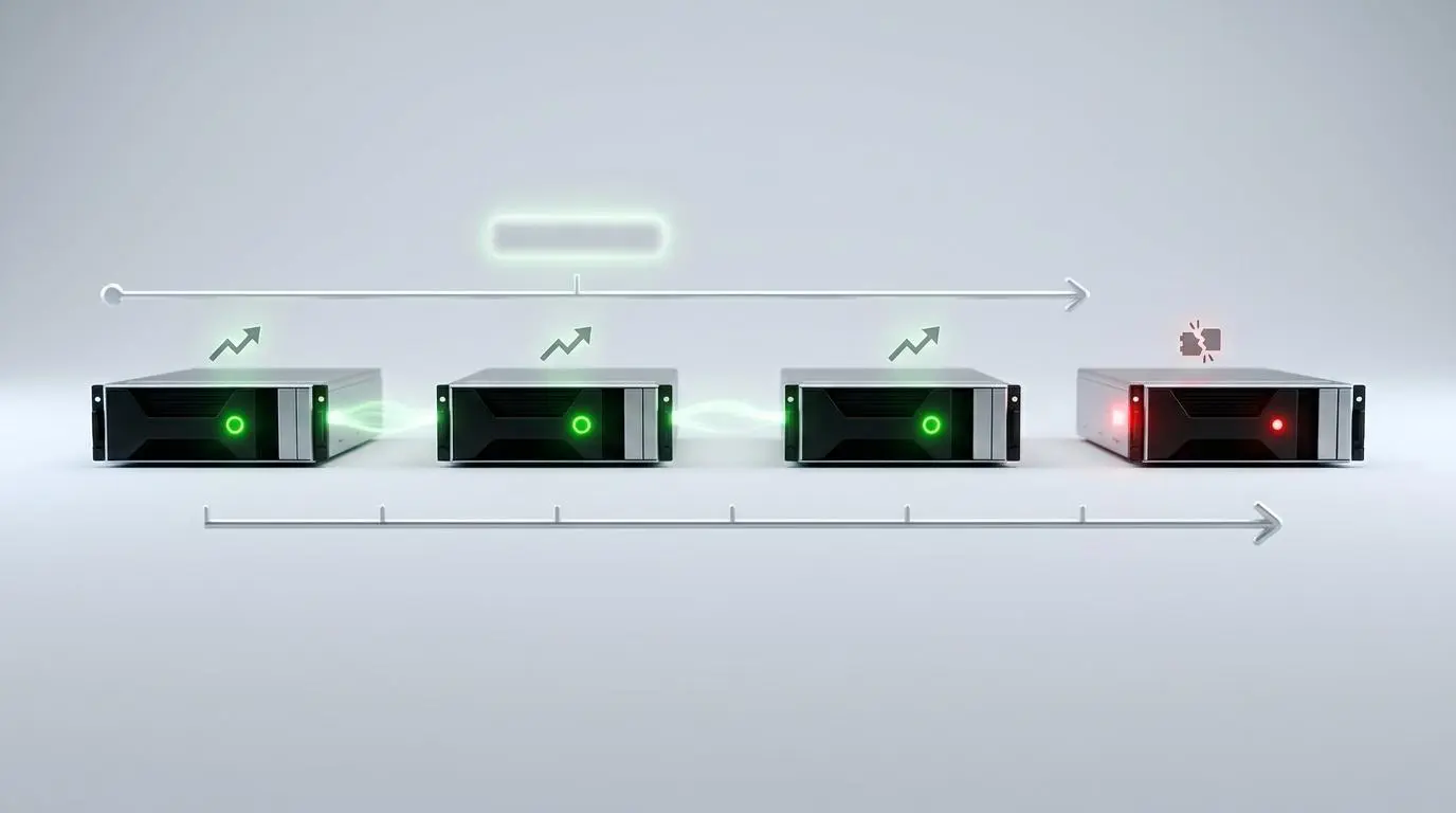 Industrial pumps with sensors and one indicating hardware failure, representing mean time between failures.