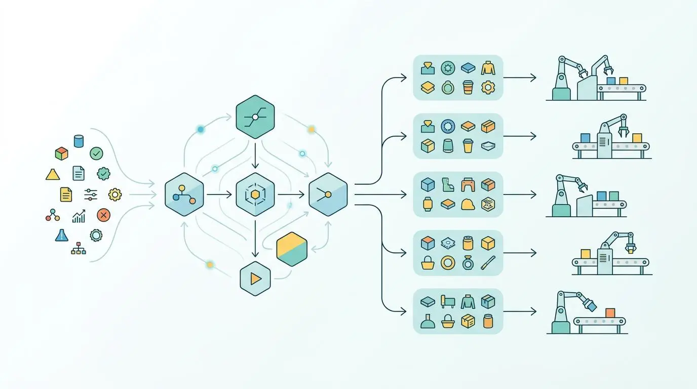 Automated batching algorithms directing micro factory robots for custom order prototyping.