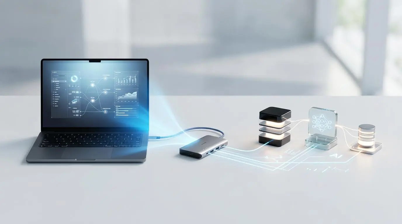 AI-powered chatbots data integration protocol with laptop and server stacks.
