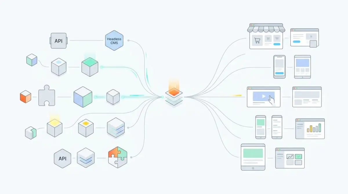 Diagram illustrating a modern enterprise composable software tech stack, showcasing APIs and headless CMS connecting to various digital interfaces.