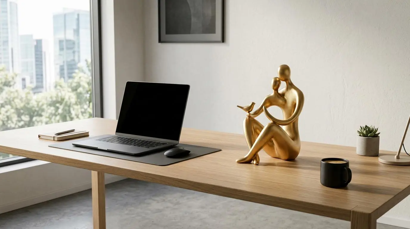 Modern desk with laptop and golden statue, embodying billionaire personal branding principles.
