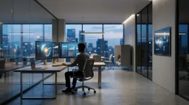 Man analyzing data on dual monitors in a modern office, showcasing the future of CX management.