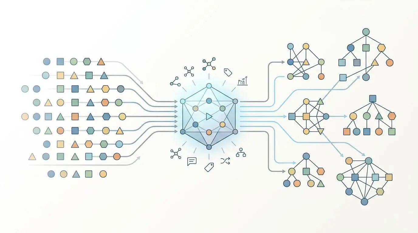Modular atomic content units flowing into a central node for semantic ingestion, illustrating the evolution of GEO.