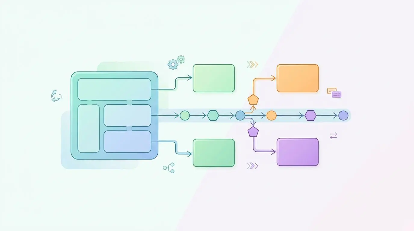 Diagram showing a monolithic system splitting into modular components for a composable stack architecture.