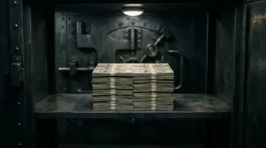 Stack of US dollar bills in a dark bank vault, illustrating the Richest Criminals in History potentially reaching billionaire status.