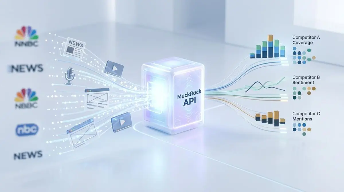 Automated competitor media monitoring via MuckRack API, showing news sources feeding data for analysis.