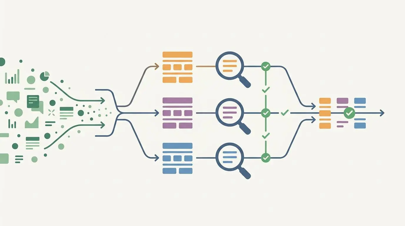 Diagram illustrating multi-model narrative validation against raw data for programmatic case studies.