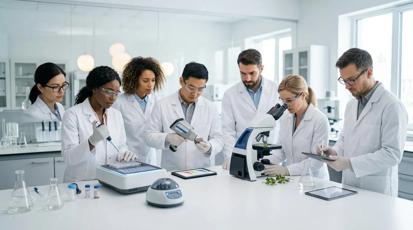 Diverse scientists collaborate on multidisciplinary sampling analysis, reflecting Munger's mental models.