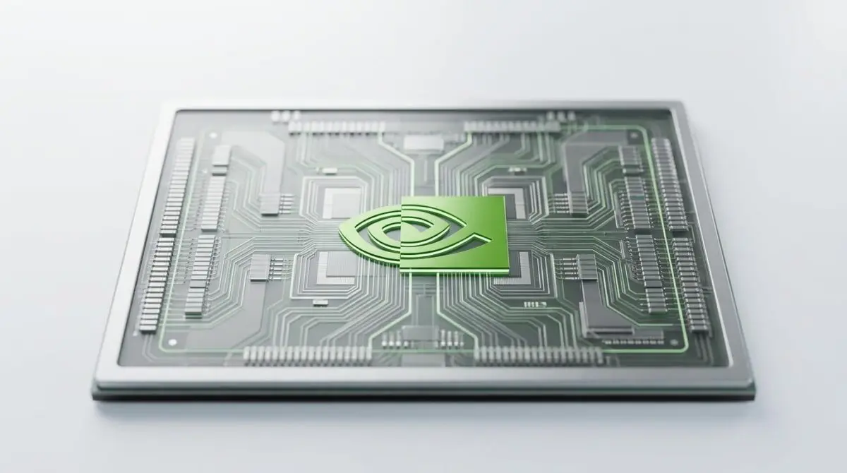 NVIDIA Blackwell GPU architecture showing intricate internal circuitry and the iconic green eye logo.