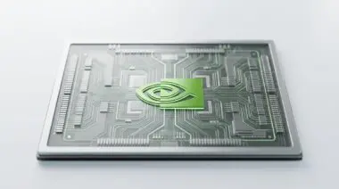 NVIDIA Blackwell GPU architecture showing intricate internal circuitry and the iconic green eye logo.