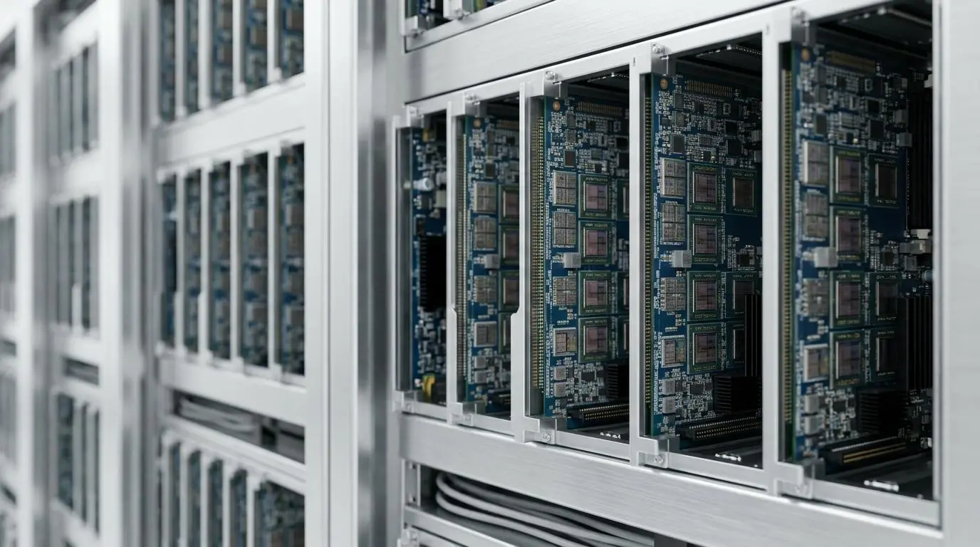 Dense NVIDIA Blackwell GPU architecture silicon chips in server racks, highlighting computing power.