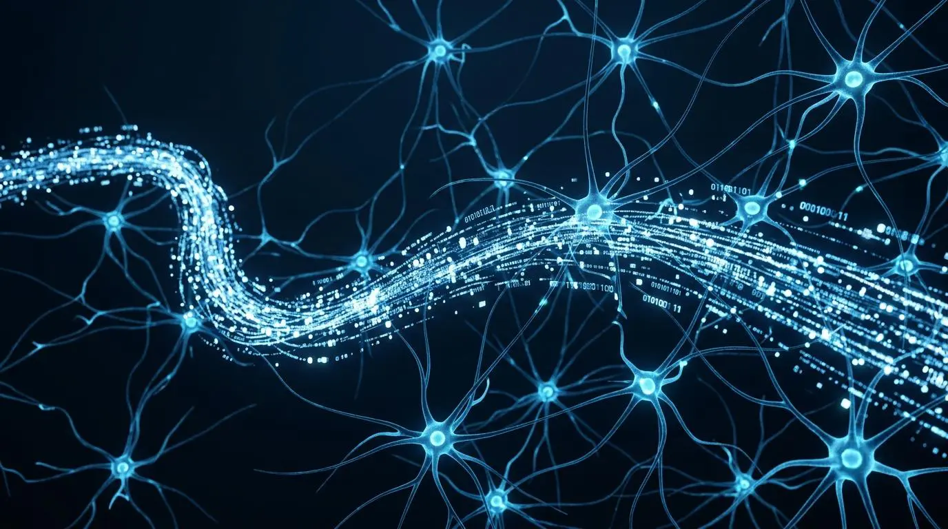 Abstract digital data stream flowing through neural networks, representing Alibaba Cloud Tongyi Qianwen's AI.