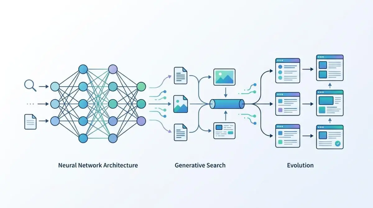 Neural network architecture processing data for generative search evolution.