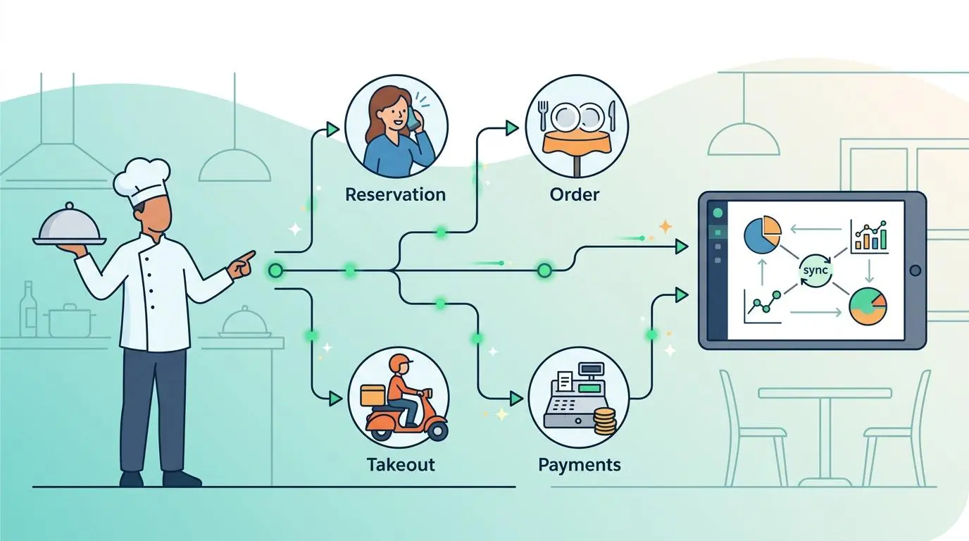 Chef points to diagram showing no-code restaurant POS integration for reservations, orders, takeout, and payments.